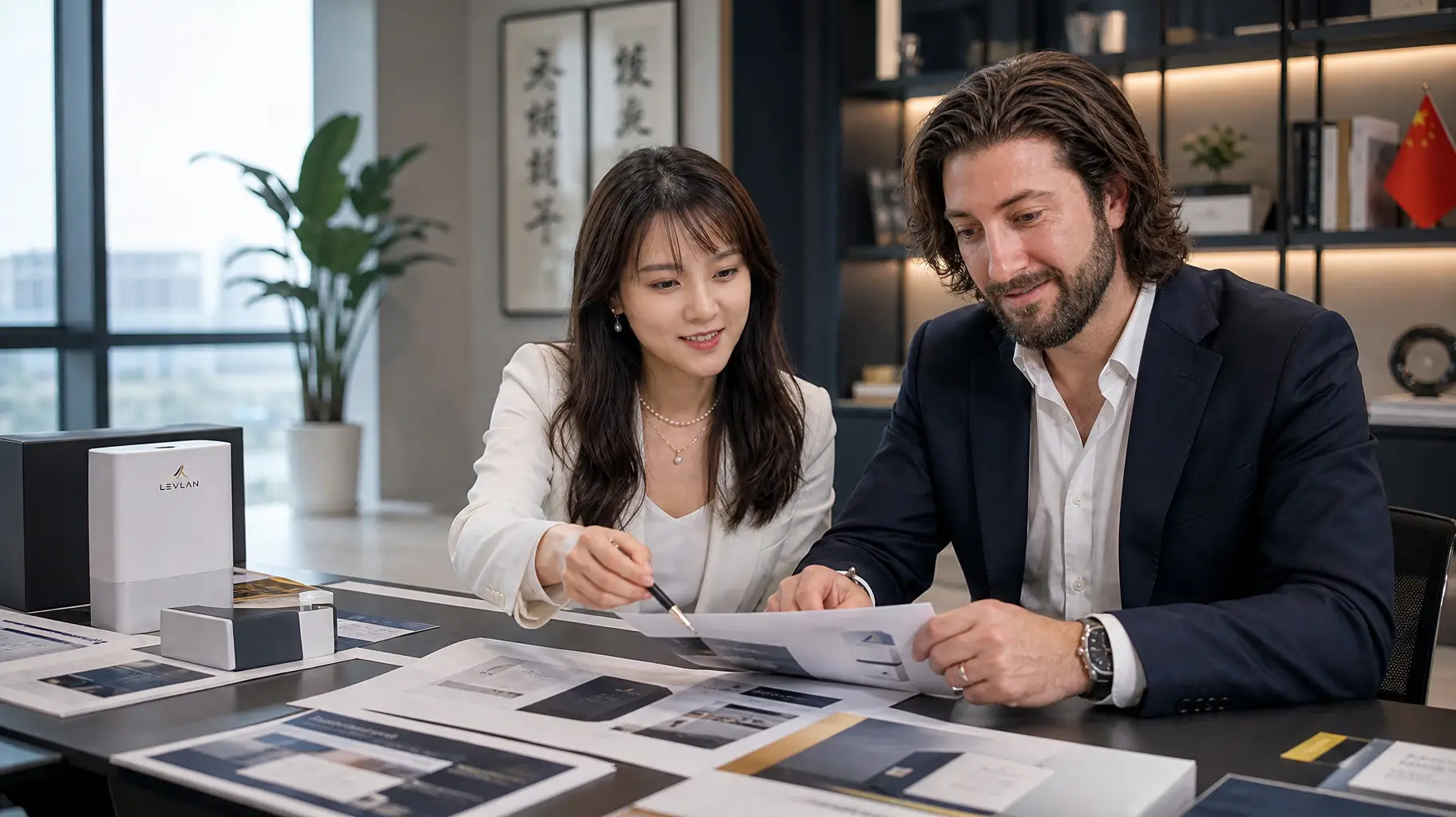 Michael Steadman and Amanda Ren collaborating on international marketing work in China