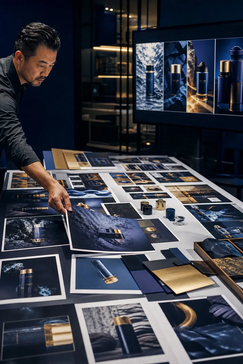 Creative marketing workspace with campaign concepts, printed layouts and digital visual variations being reviewed