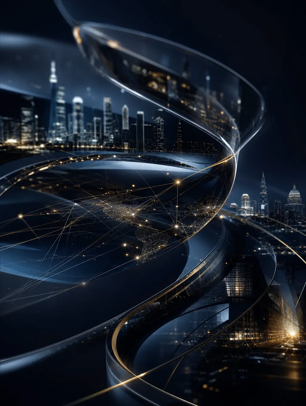 Abstract network of illuminated routes linking global city forms, representing AI-supported international market intelligence