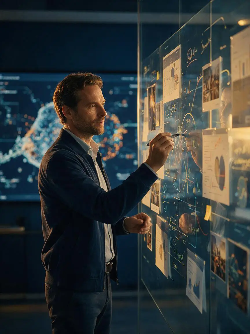 Marketing strategist reviewing campaign concepts on a glass planning wall with AI-assisted analysis in the background