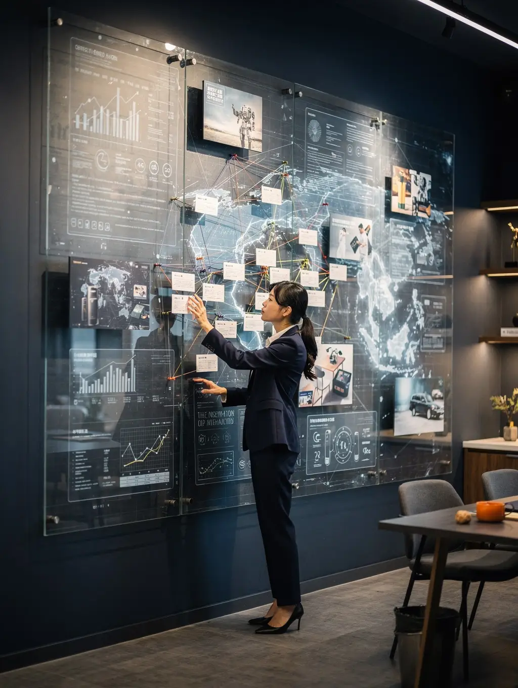 Marketing strategist reviewing AI-assisted international market intelligence on a glass planning wall