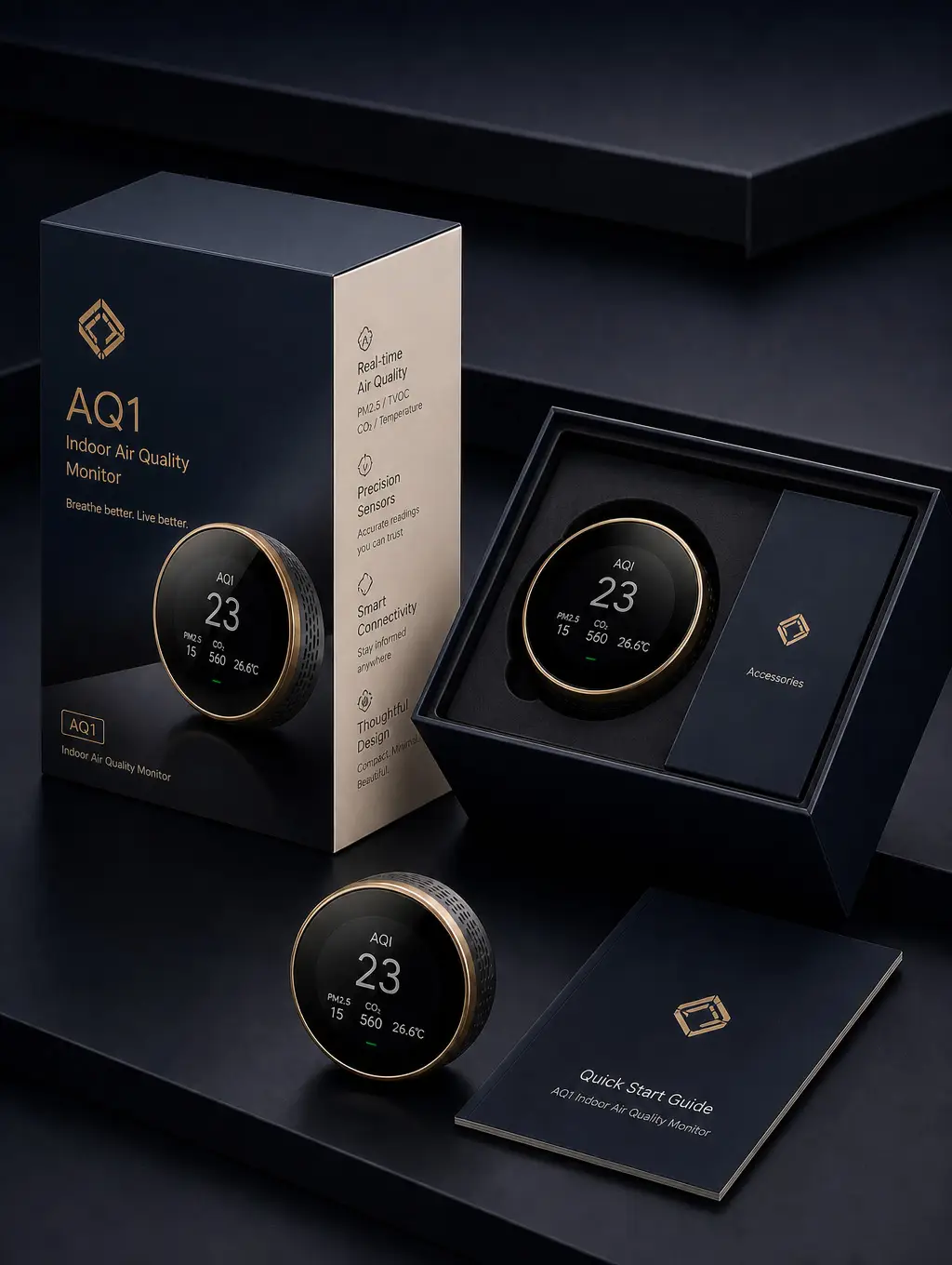 The same smart air-quality monitor packaging localised for Western markets