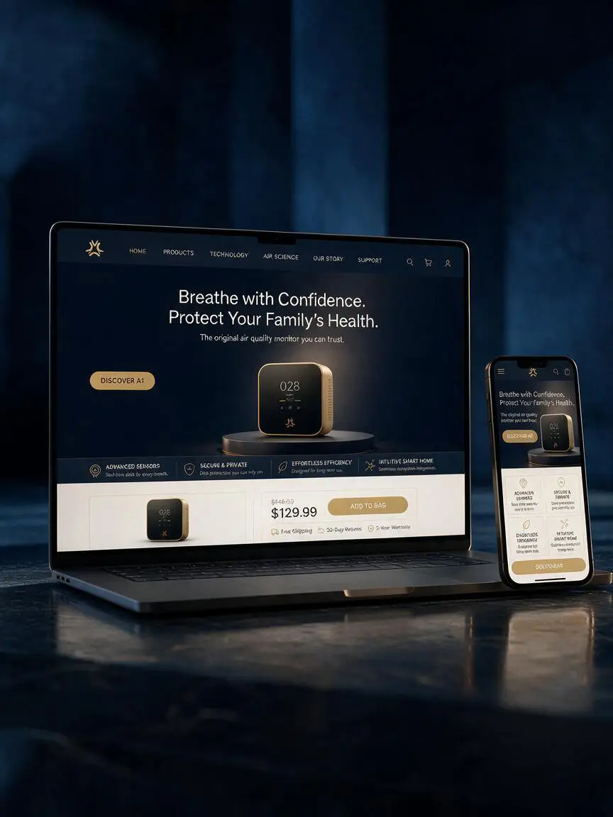 The same smart air-quality brand website localised for Western markets