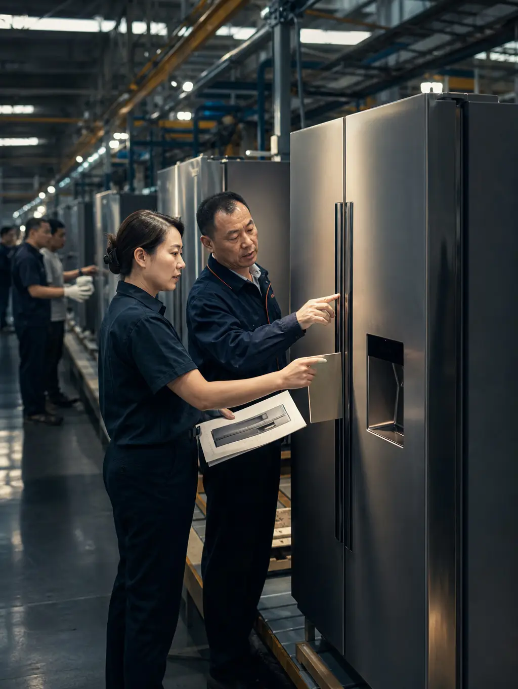 Chinese project coordinator reviewing an American-style fridge freezer with a production supervisor on a factory line