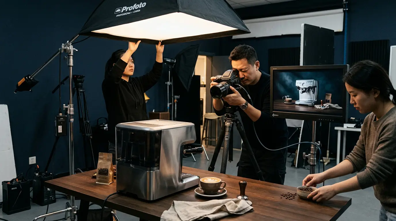 Chinese studio crew photographing a stainless-steel espresso machine for a commercial campaign