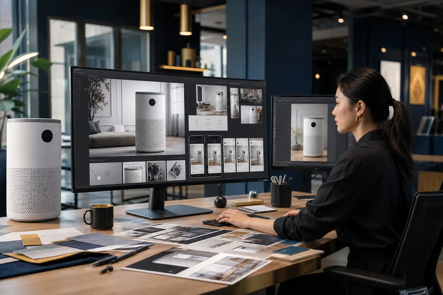 Chinese designer building an e-commerce campaign for an air purifier with matching product imagery on screen