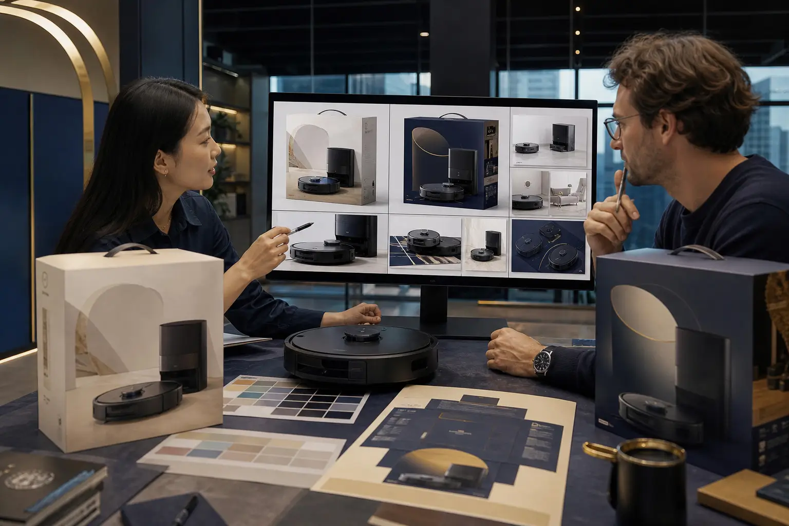 Chinese and European marketing professionals comparing Chinese and European robot vacuum campaign designs