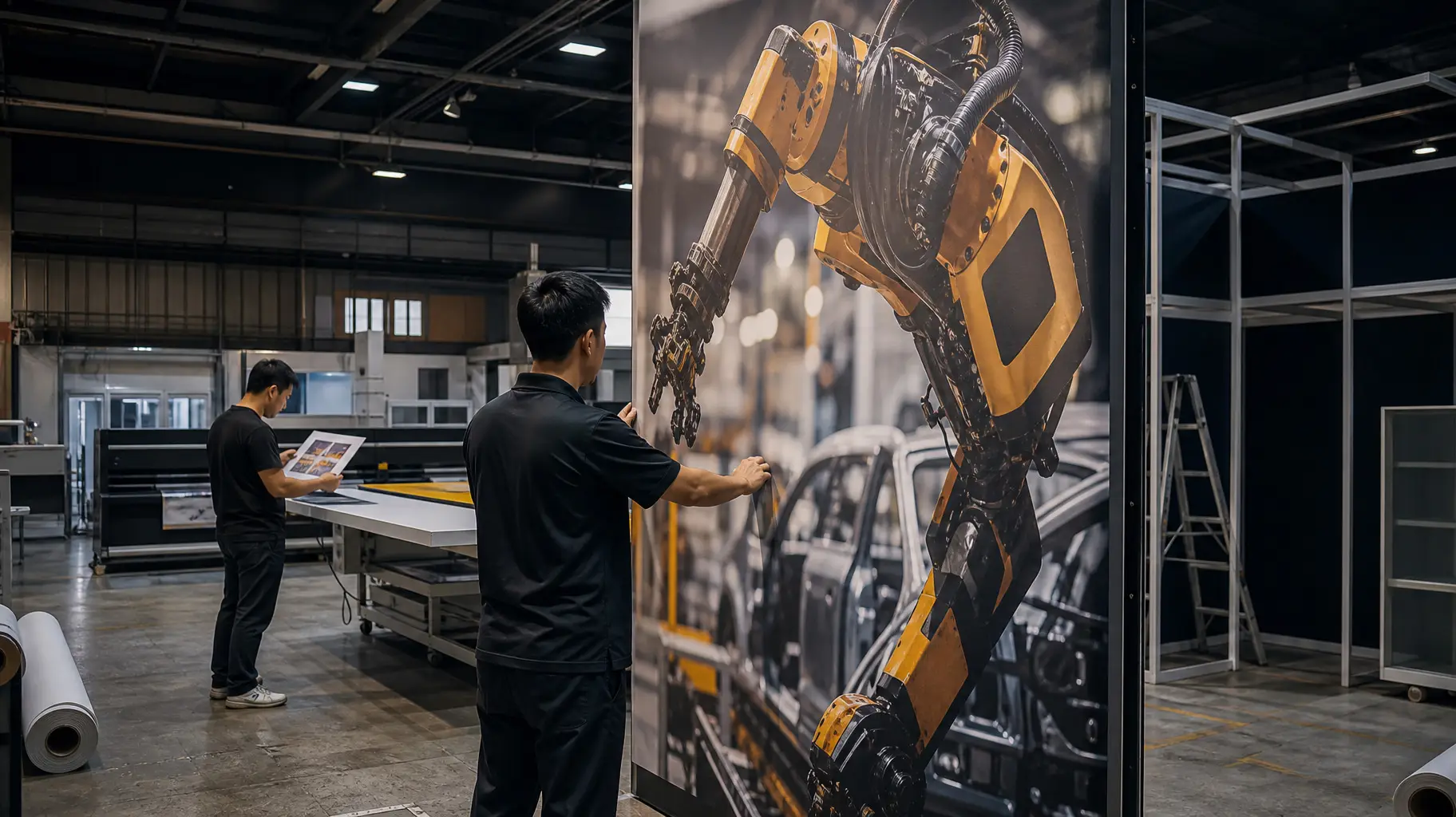 Chinese production specialist inspecting an exhibition graphic featuring an industrial robotic arm