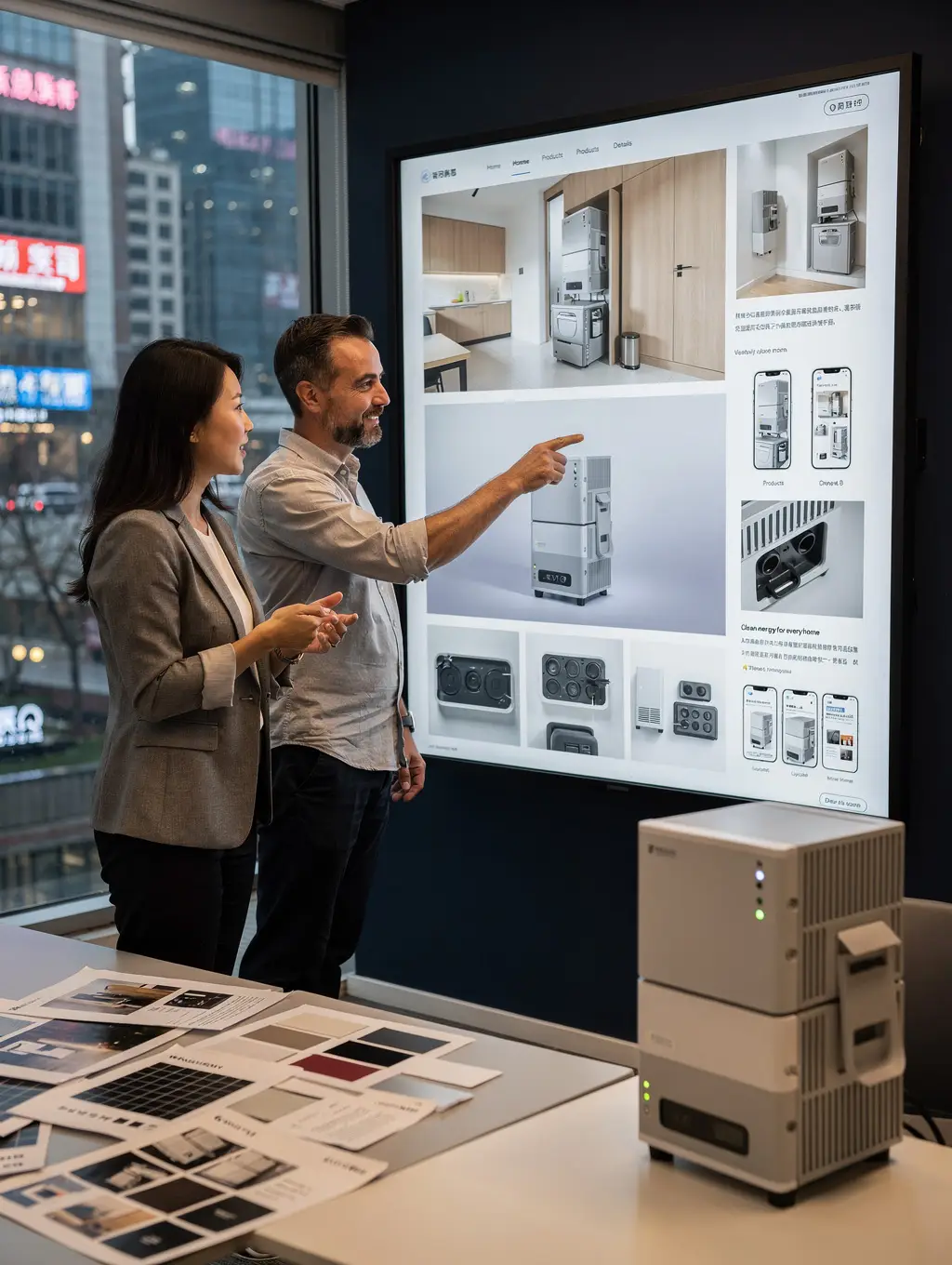 Chinese and Western marketing directors reviewing a campaign for a residential solar battery system