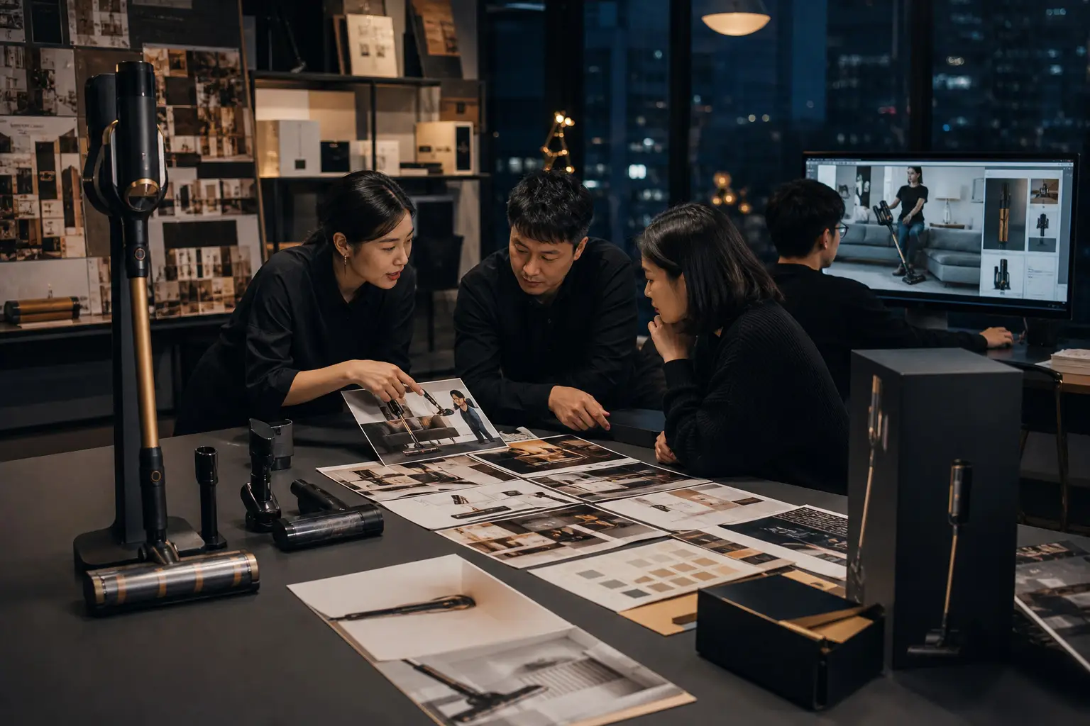 Chinese marketing team developing a campaign for a cordless stick vacuum cleaner in a Shenzhen studio
