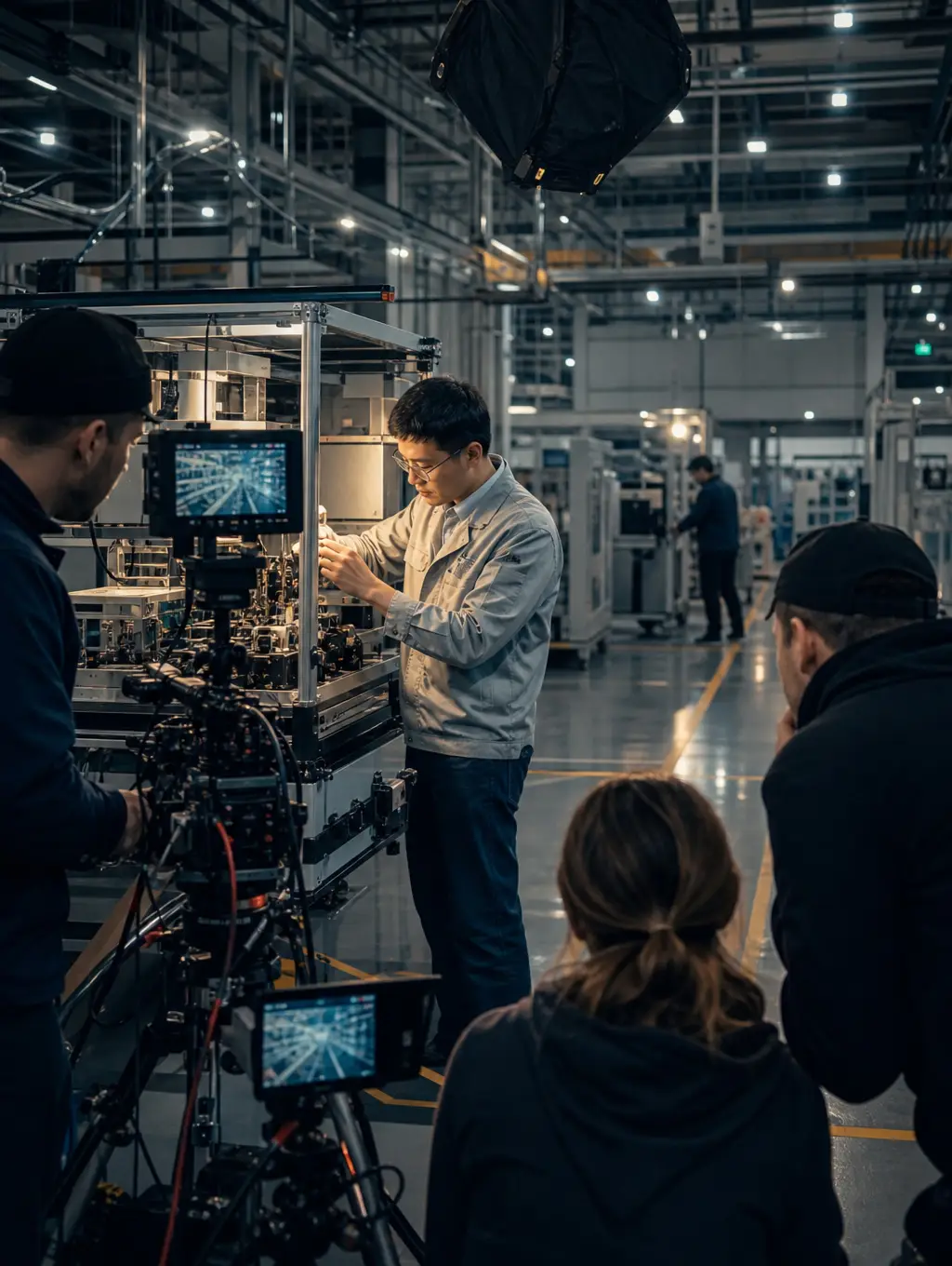 International film crew recording a Chinese engineer inside a modern manufacturing facility.
