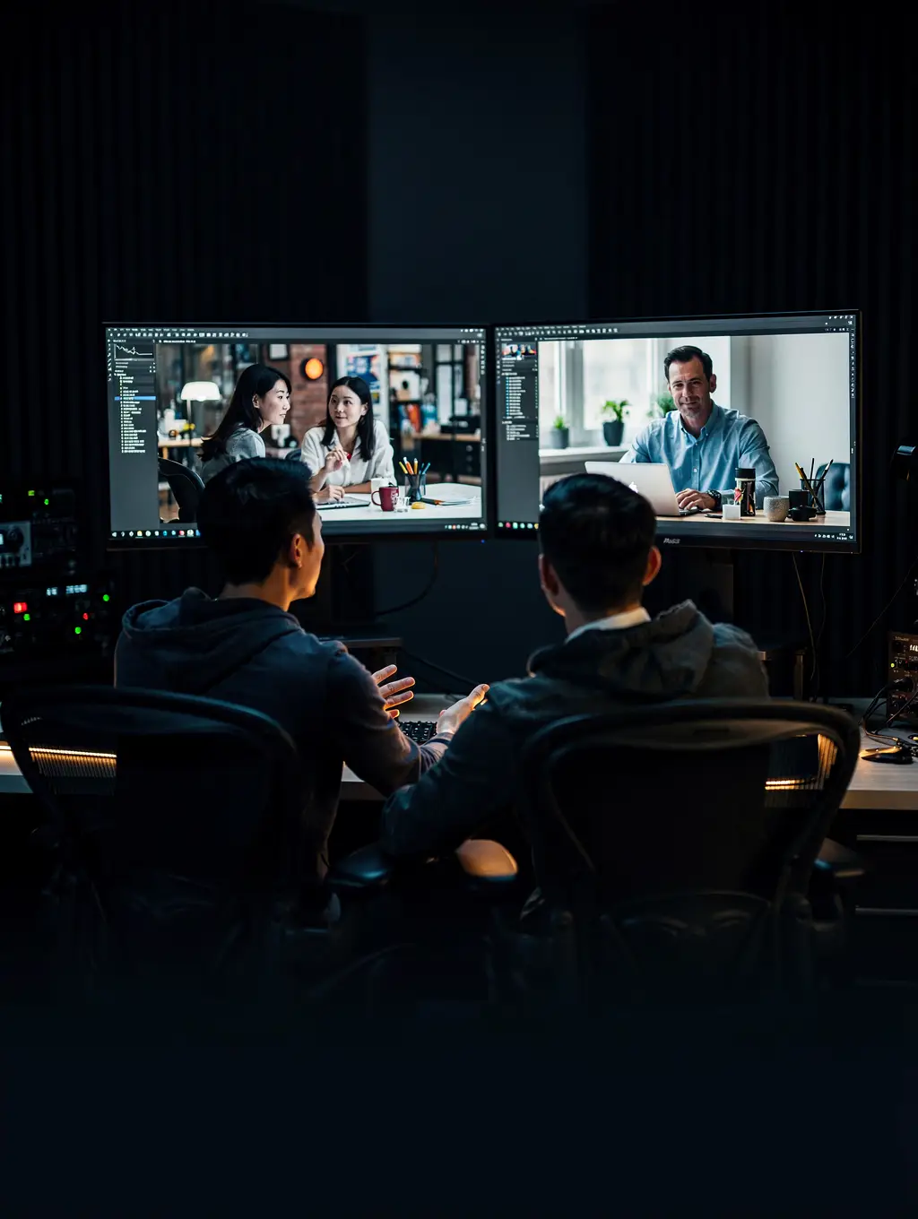 Chinese and European creative professionals reviewing market-specific versions of the same international product campaign.