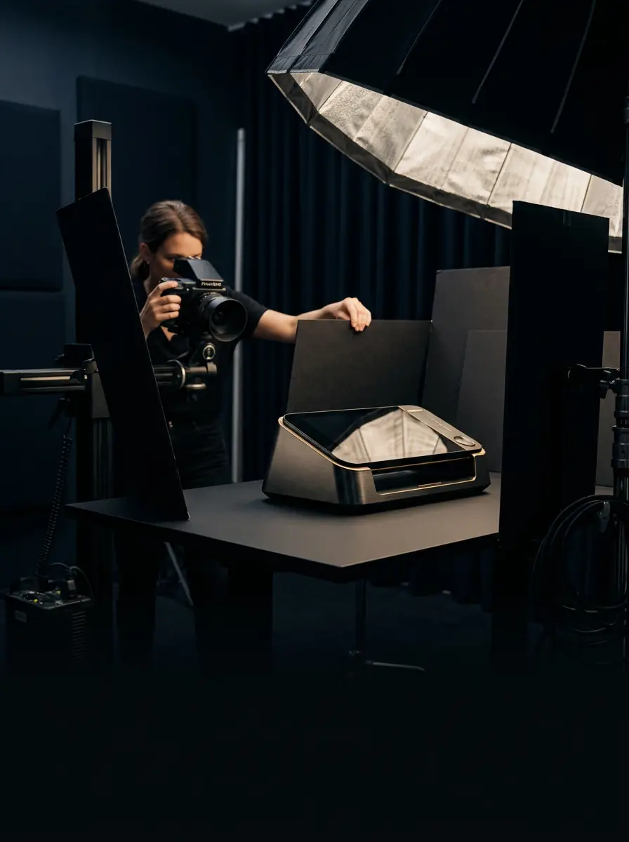 Photographer lighting and photographing a premium technology product in a controlled studio.