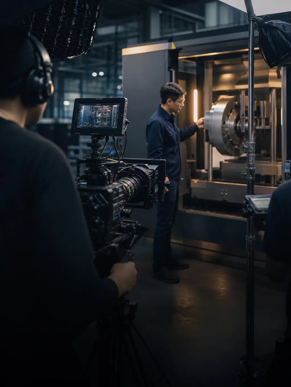 Commercial video crew filming precision manufacturing equipment in a modern factory.