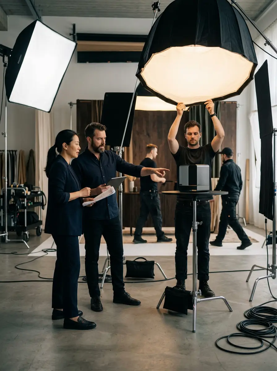 International creative team preparing a professional commercial production set.