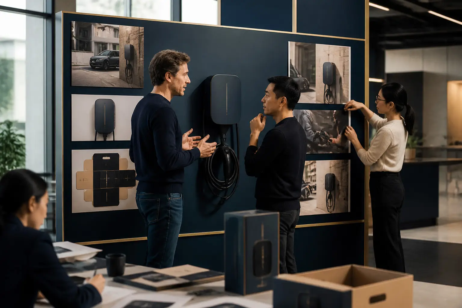 International marketing team reviewing an EV charging product and European campaign materials in a China-based creative studio.