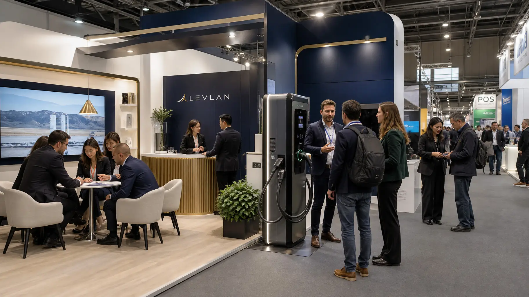 International marketing team supporting an electric-vehicle charging product launch at a European trade exhibition.