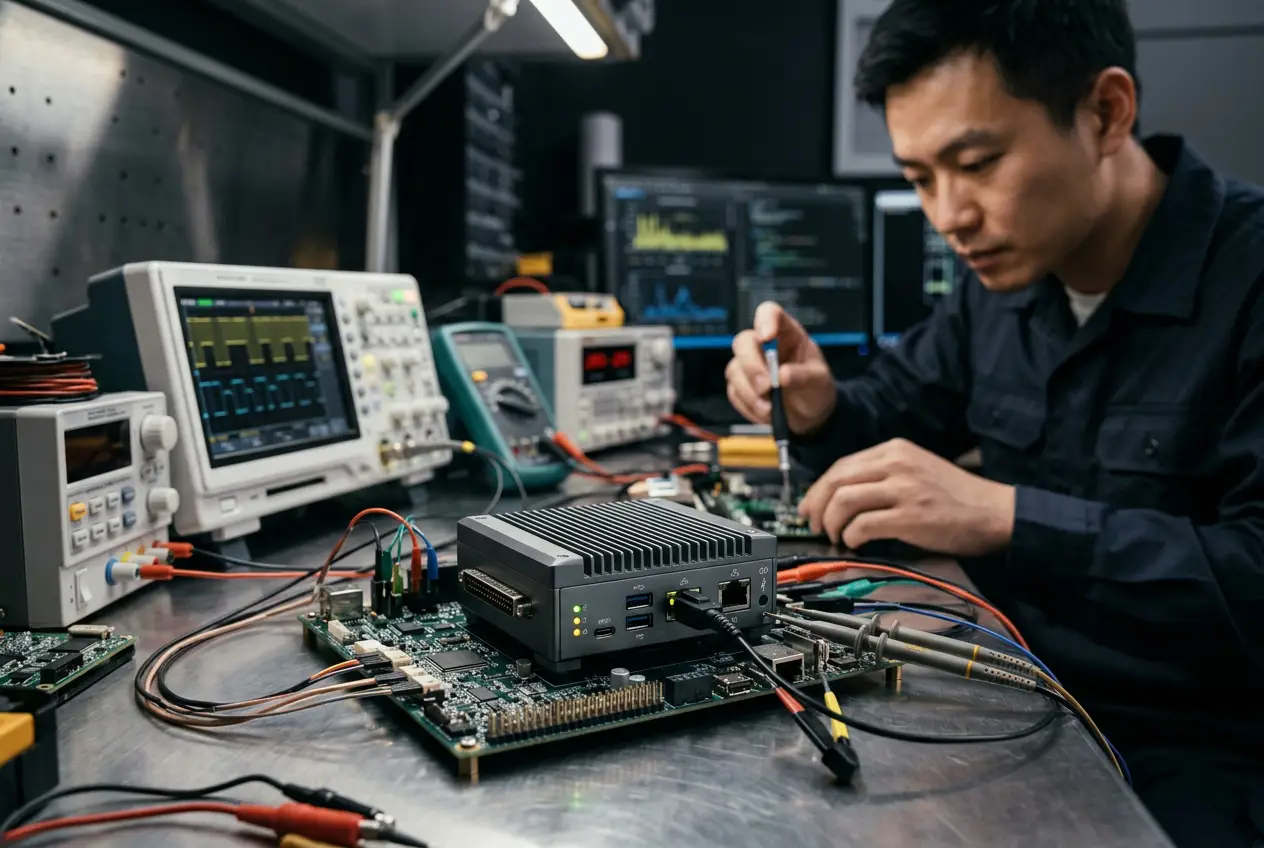 Industrial edge-AI computing hardware being tested in an electronics laboratory