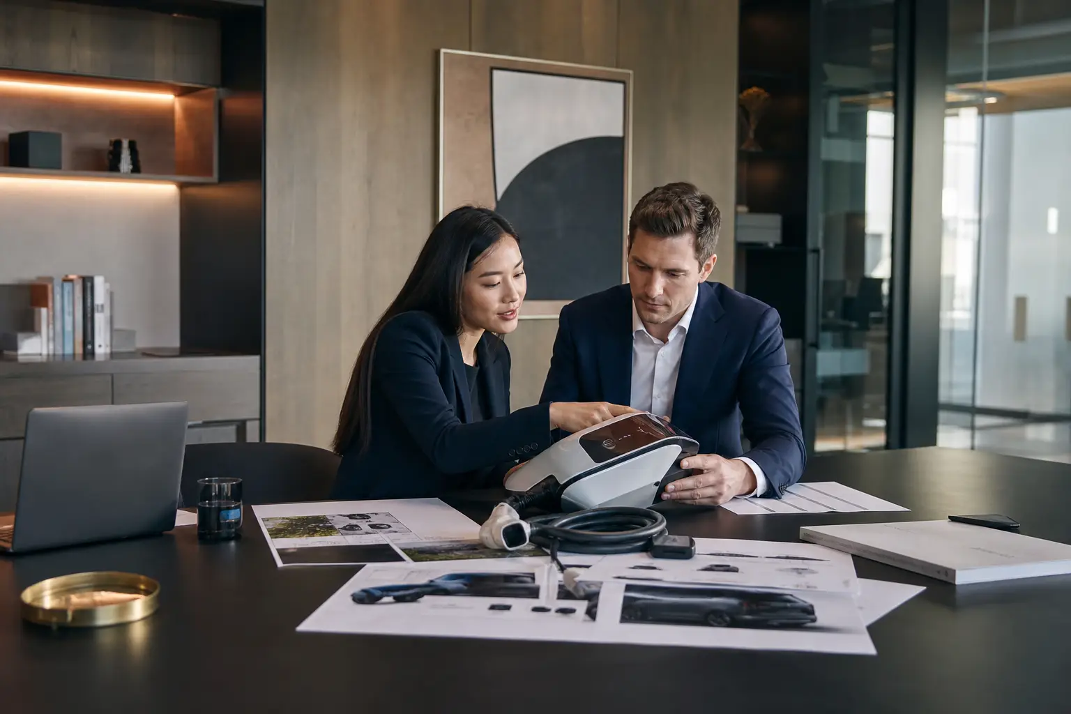 Chinese and European business professionals reviewing a product and project materials together
