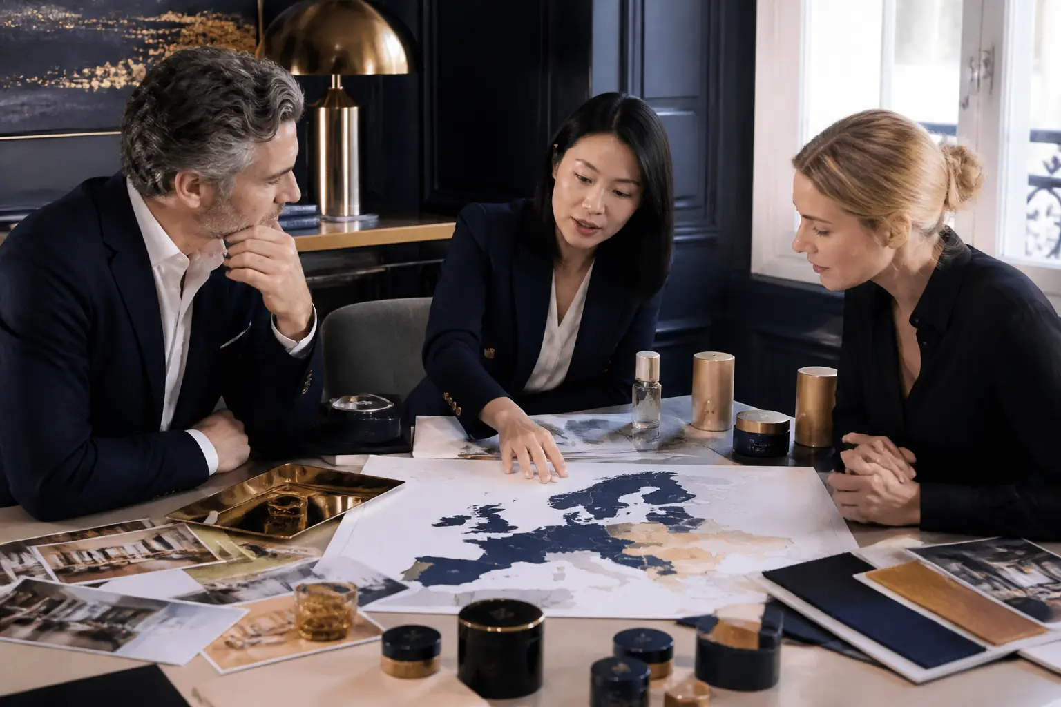 Business advisers reviewing international market entry research around a meeting table