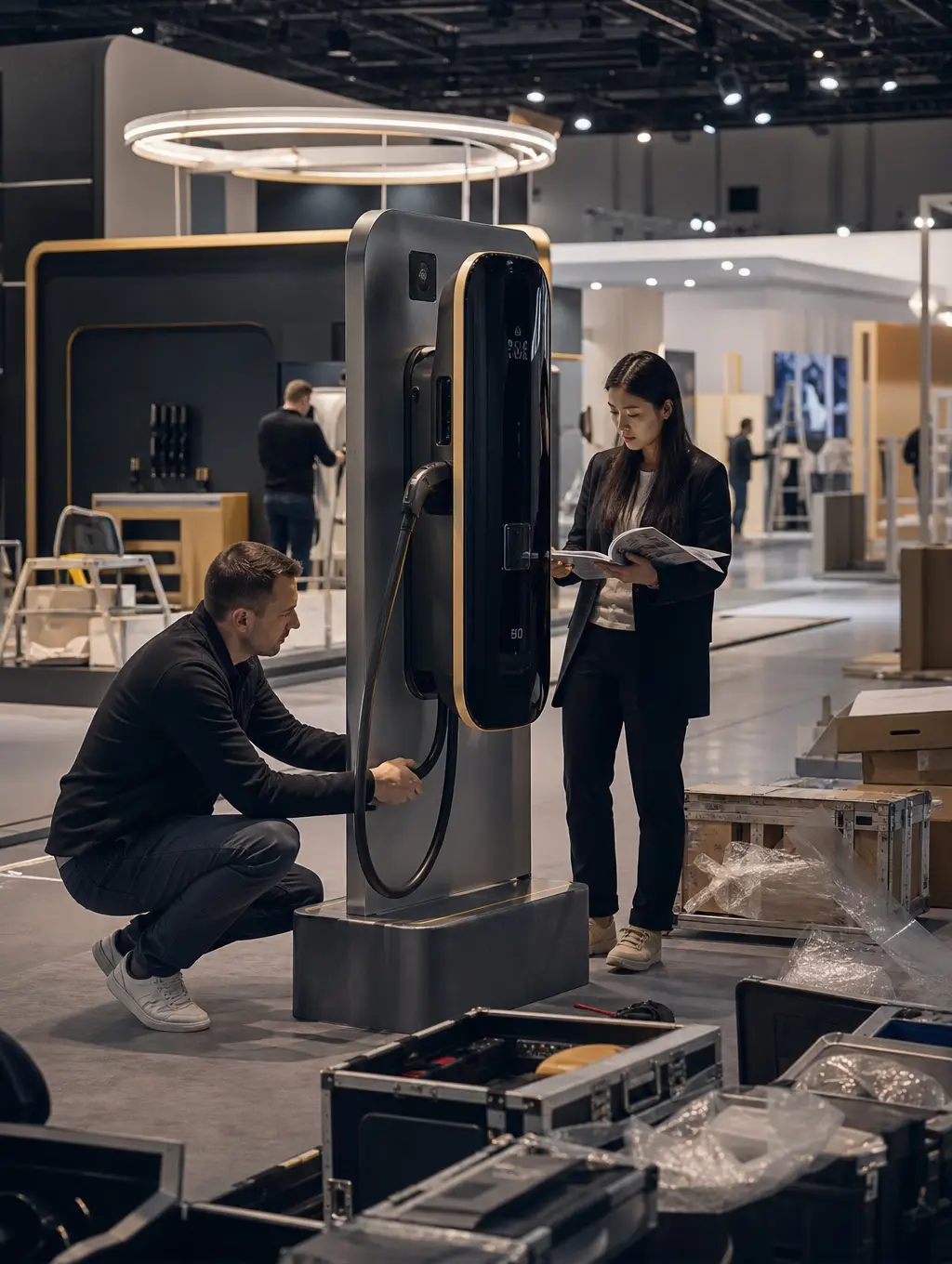 A Chinese marketing professional and European colleague making final adjustments to an EV charging exhibition stand before a trade show opens.