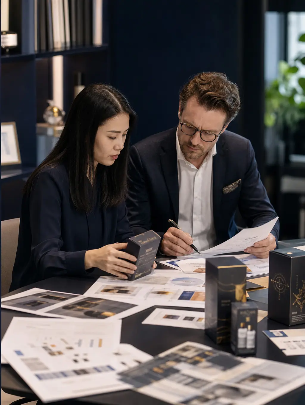 A Chinese product specialist and European marketing colleague carefully reviewing product packaging and localisation materials together.