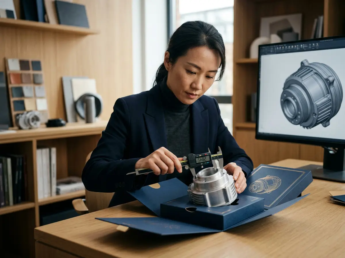 A product specialist using precision tools to inspect the finish and dimensions of an electric bicycle component.