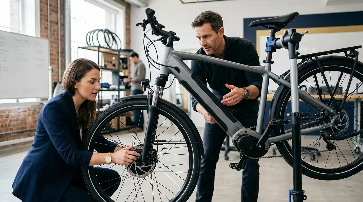 Professionals examining an electric bicycle during the discovery stage