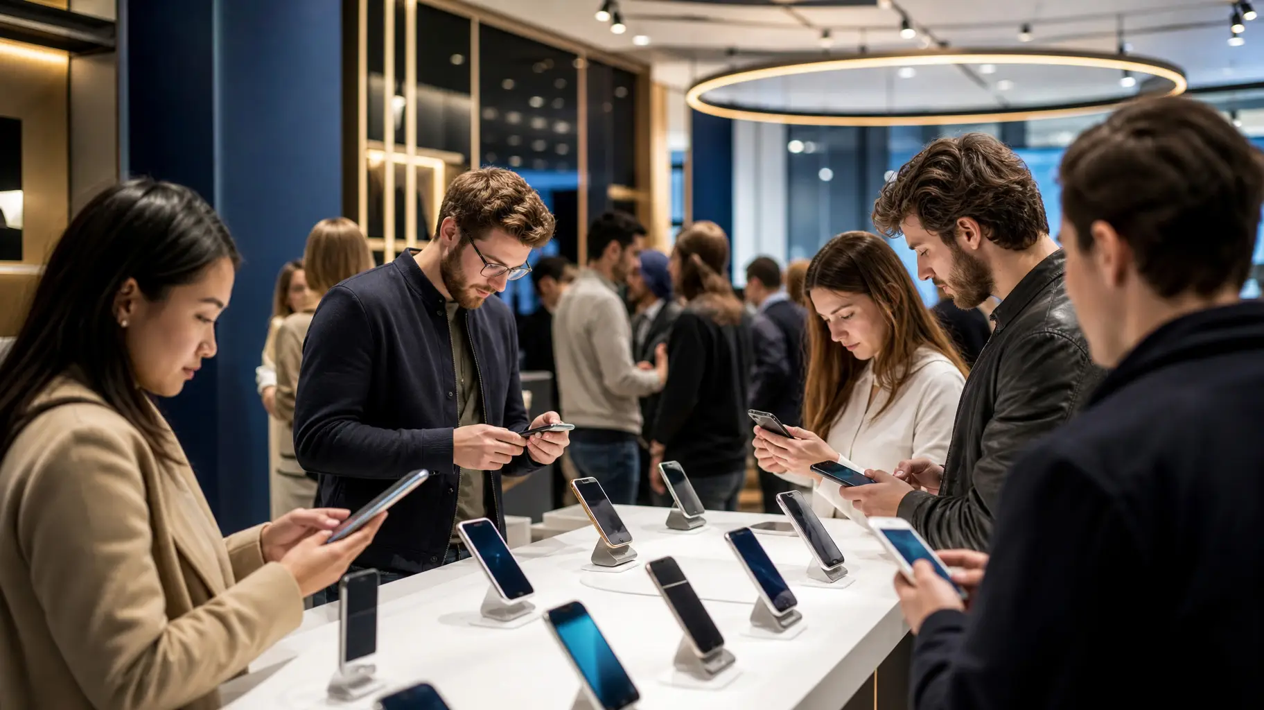 Customers exploring a newly launched smartphone in a retail environment