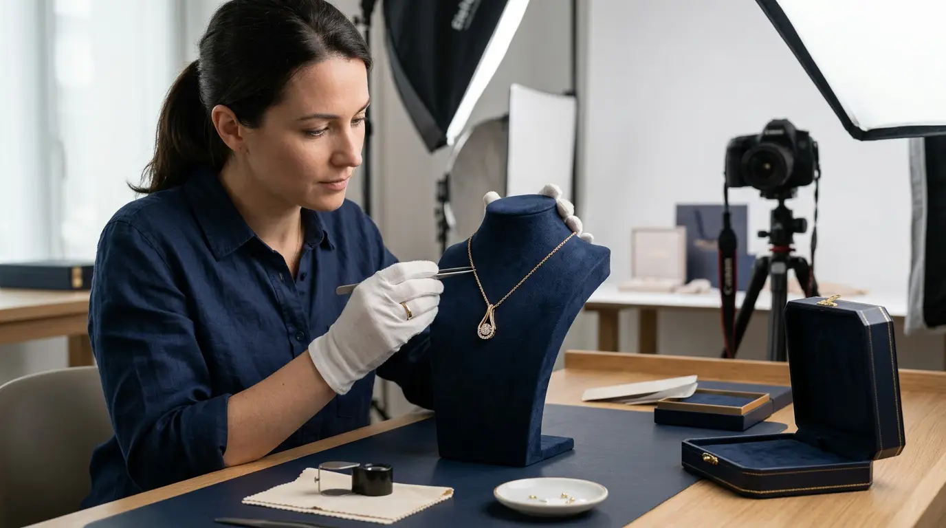 Jewellery being prepared for professional market presentation
