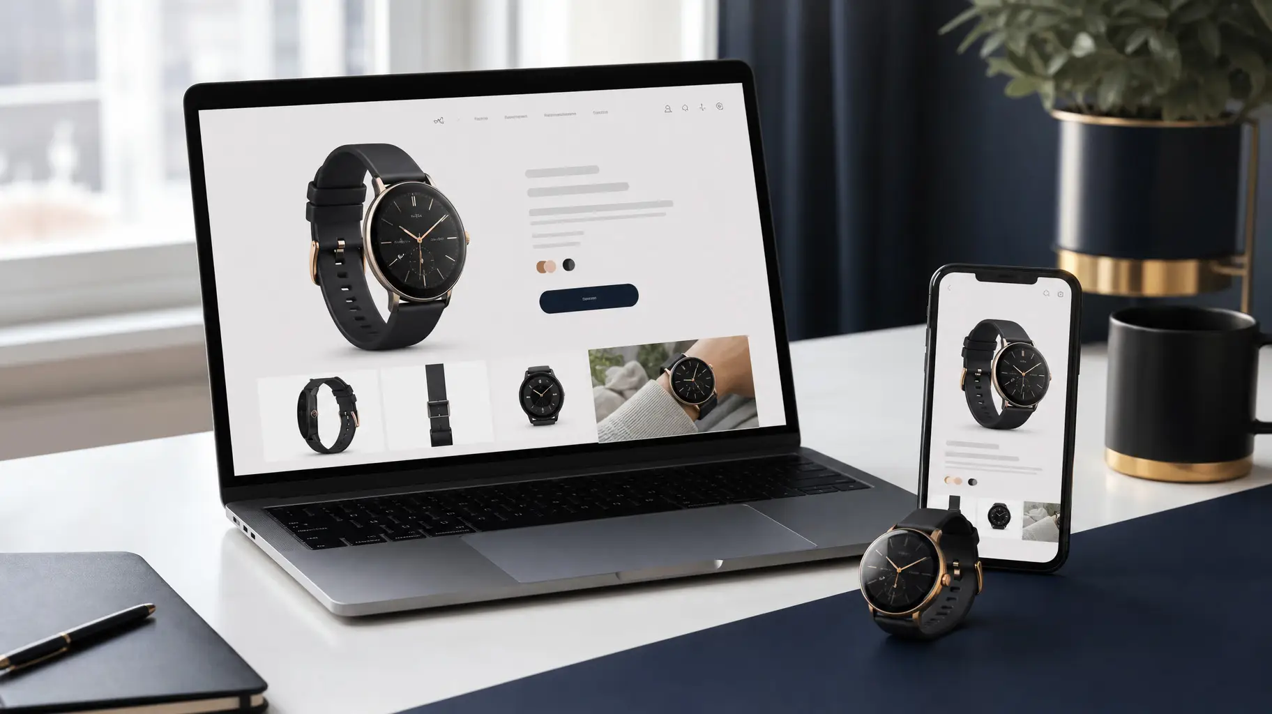 Smartwatch shown with matching desktop and mobile e-commerce pages