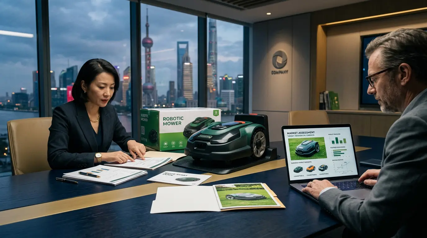 Consultants reviewing a robotic lawn mower for European market readiness