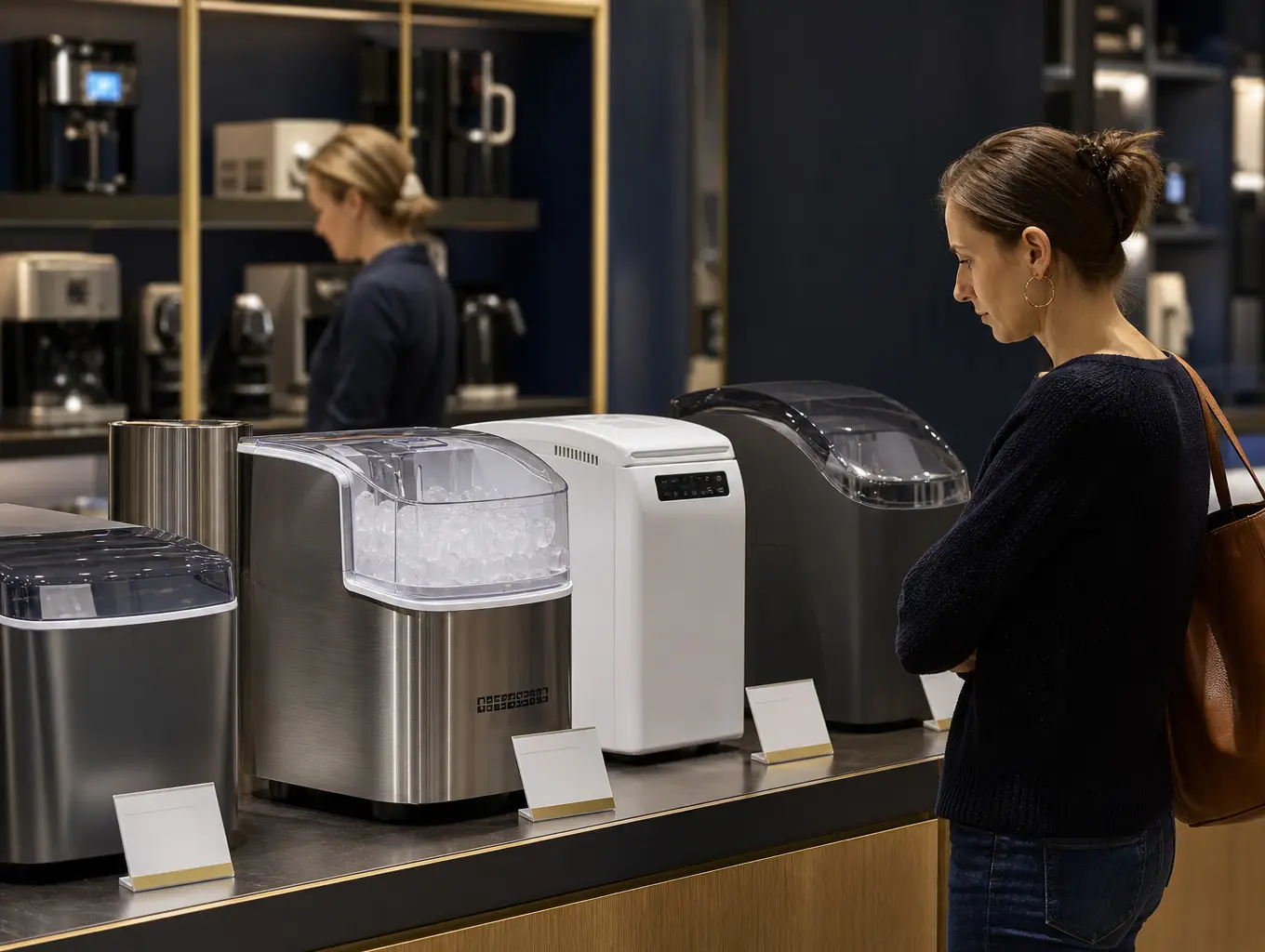 Countertop ice maker being compared with products in a European electrical retailer