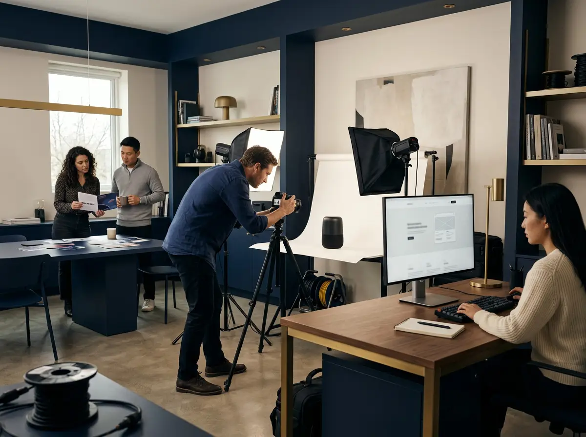Creative team working across product photography, website design and marketing materials in one studio.