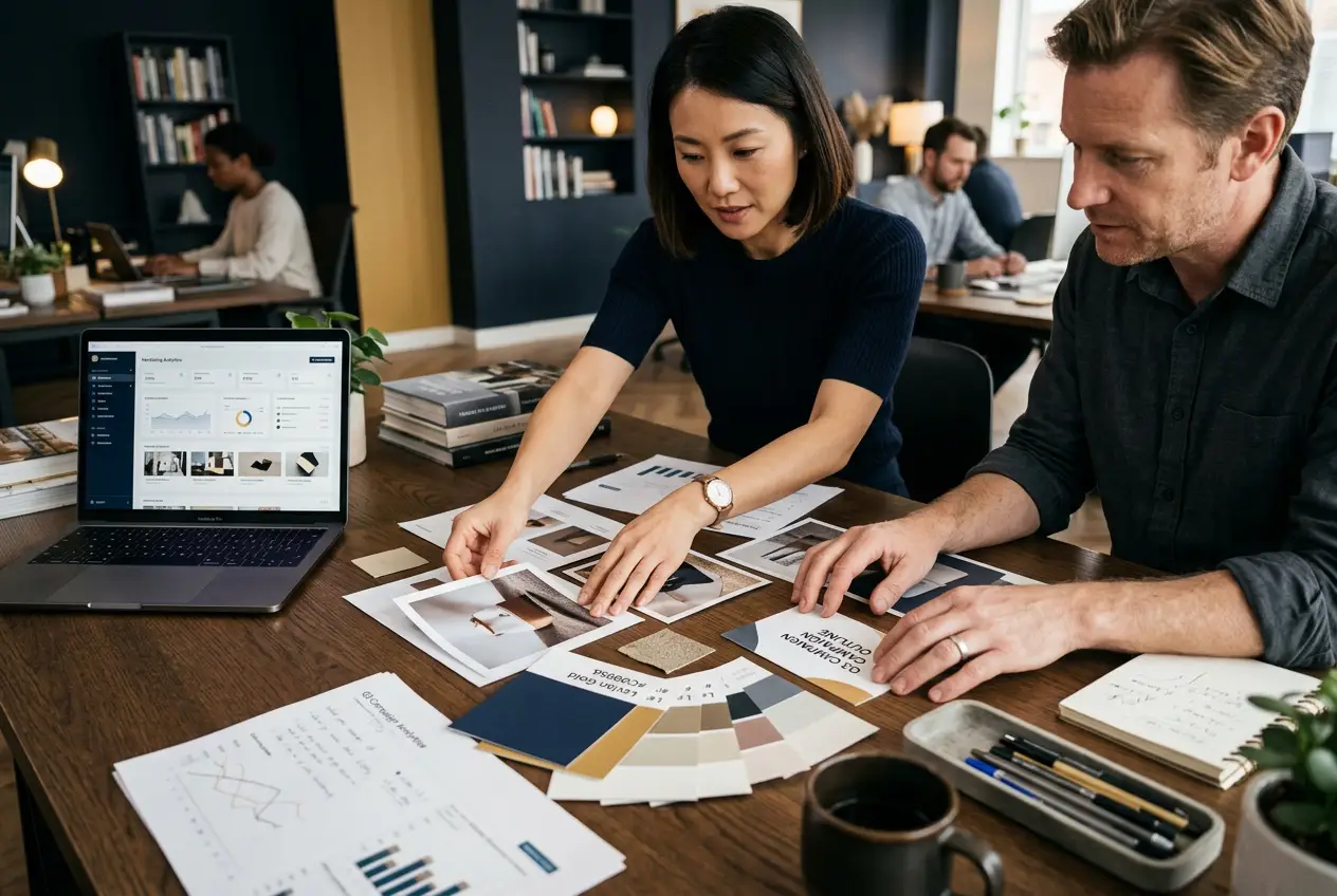 Marketing professionals reviewing campaign materials together at a planning table.