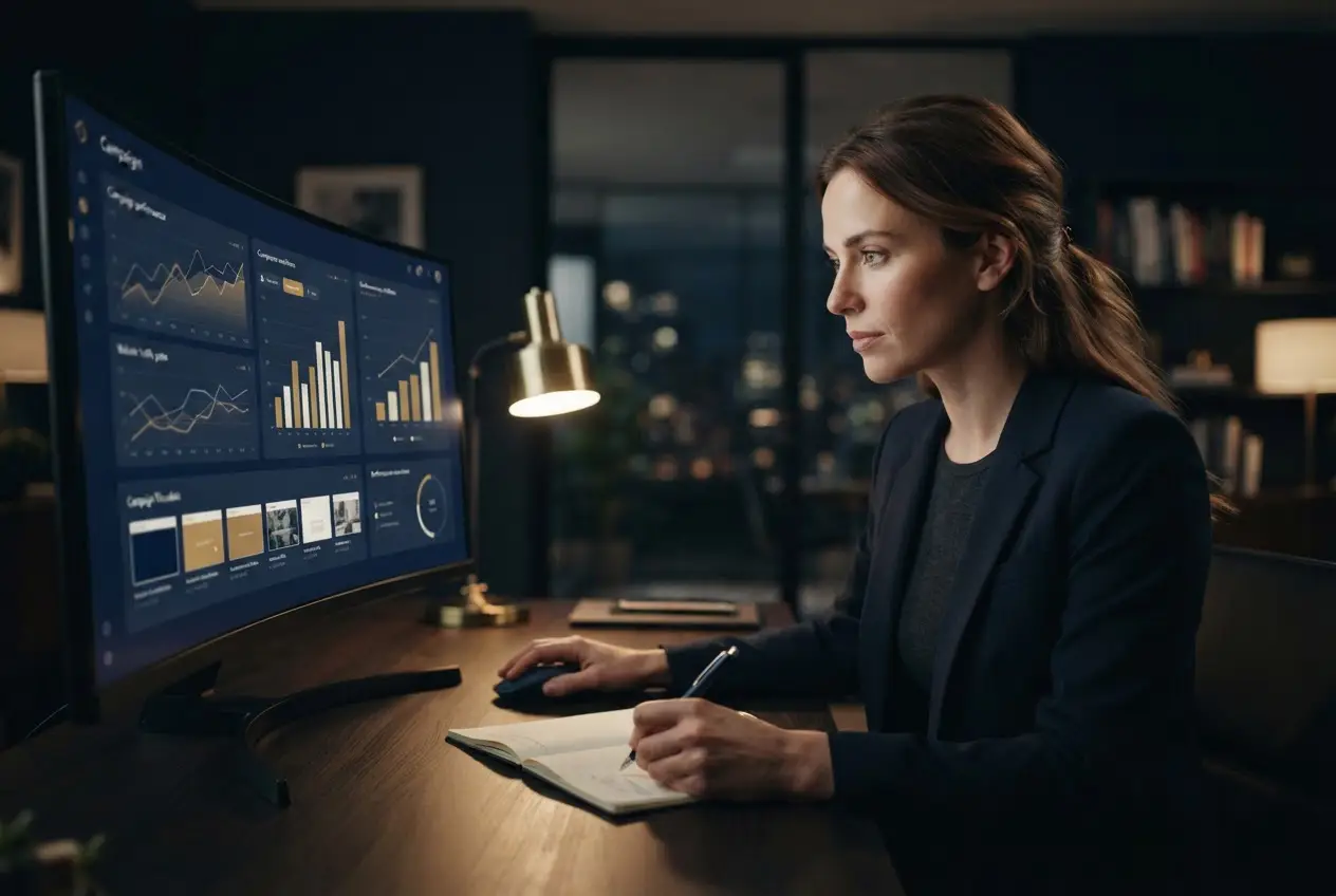 Marketing analyst reviewing campaign performance on a widescreen display.