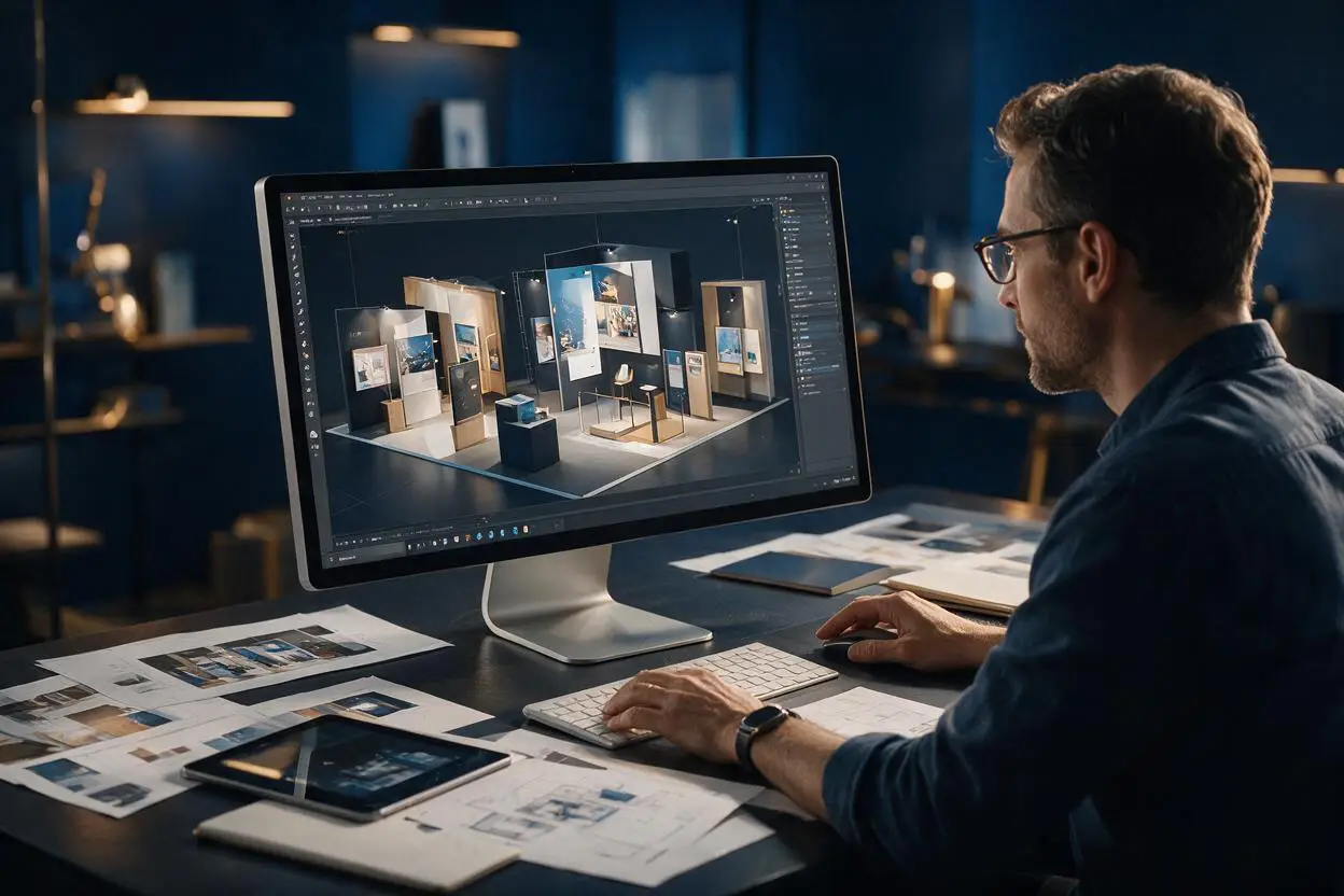 Designer using 3D software to develop a trade-show exhibition stand concept