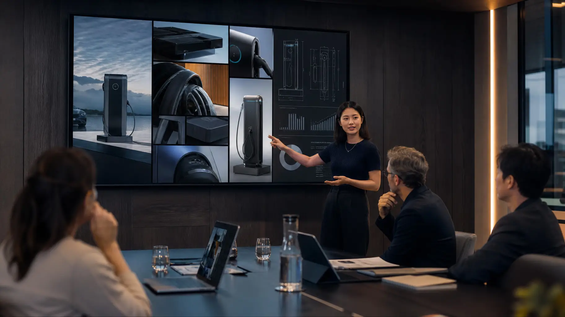 Chinese presenter showing an EV charging station pitch deck to an international business team