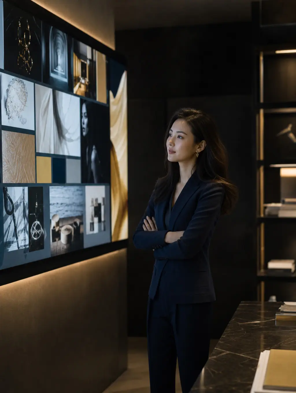 Marketing professional reviewing social media campaign concepts in a creative studio