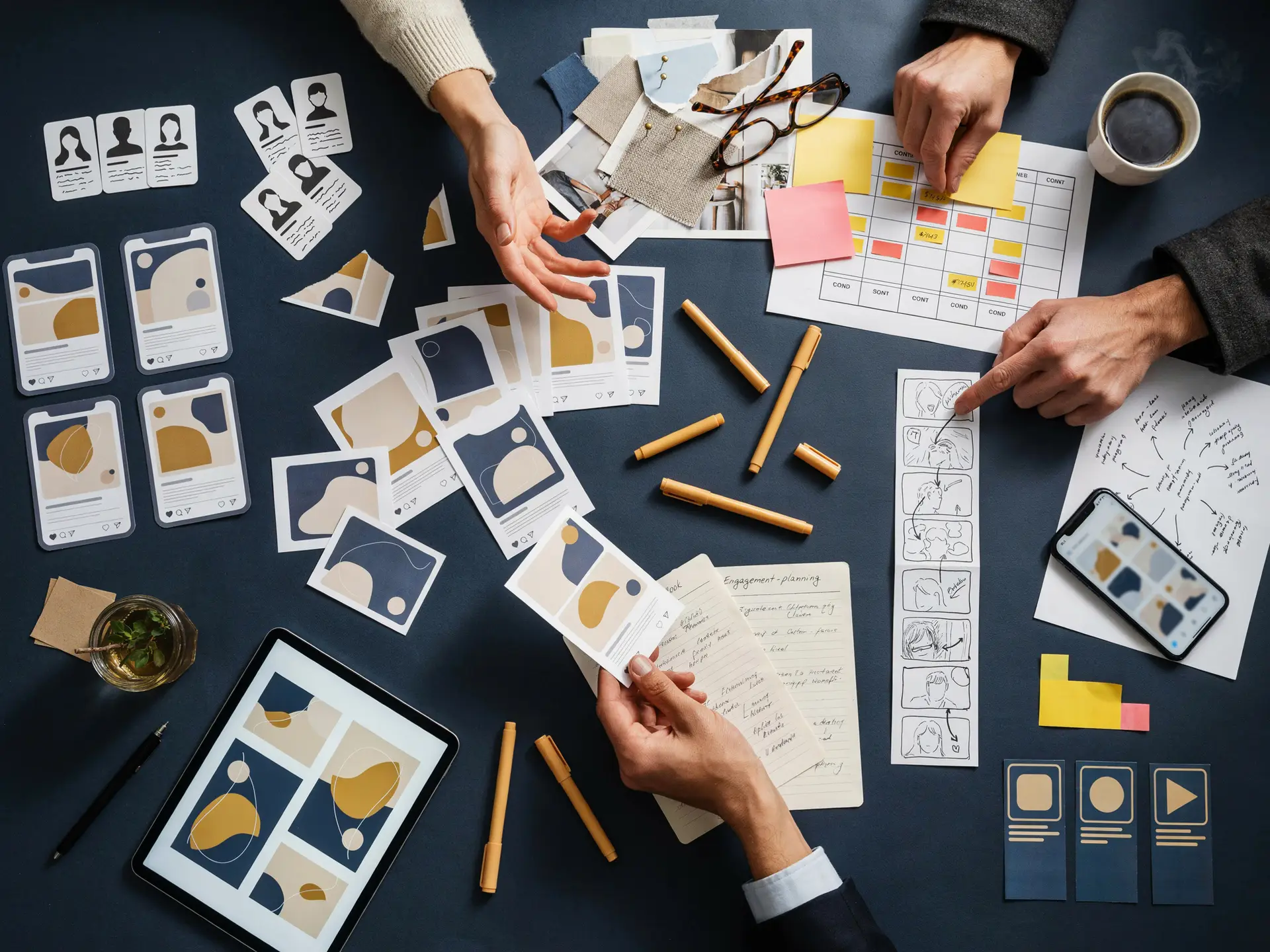 Social media campaign planning materials arranged across a creative team workspace