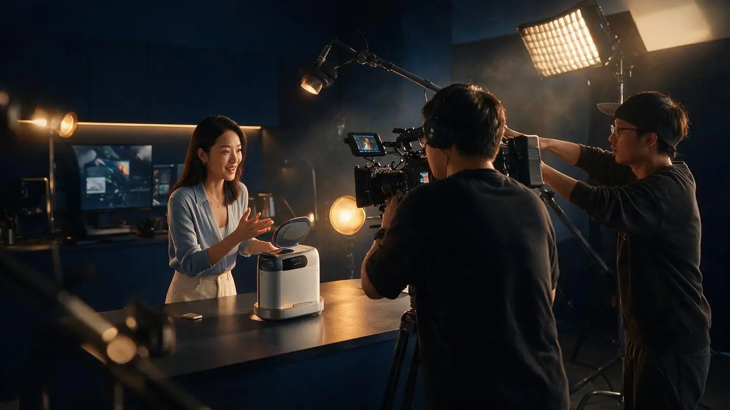 Creative production team filming short-form social media content in a professional studio