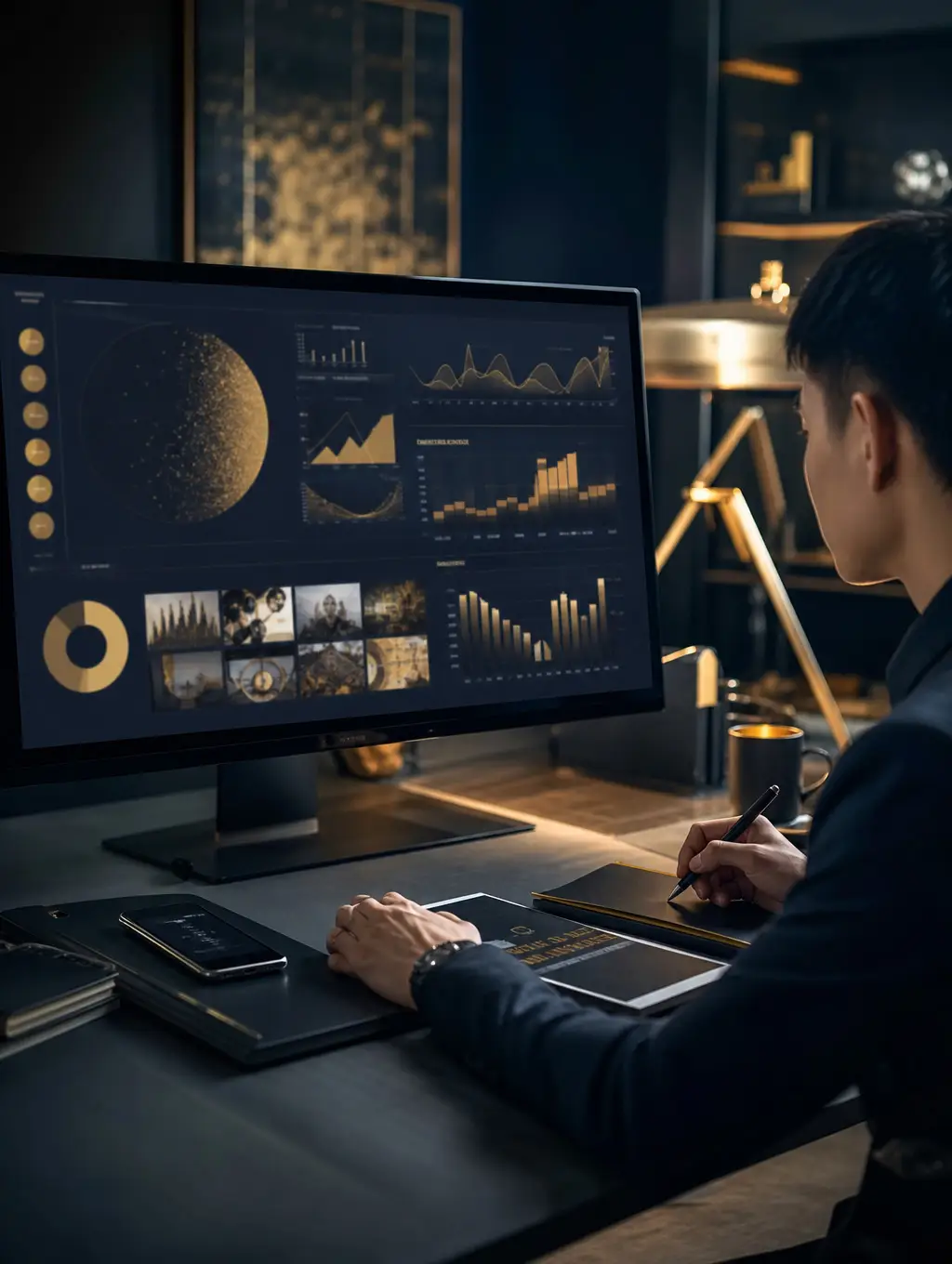 Marketing professional analysing paid social campaign performance at a workstation